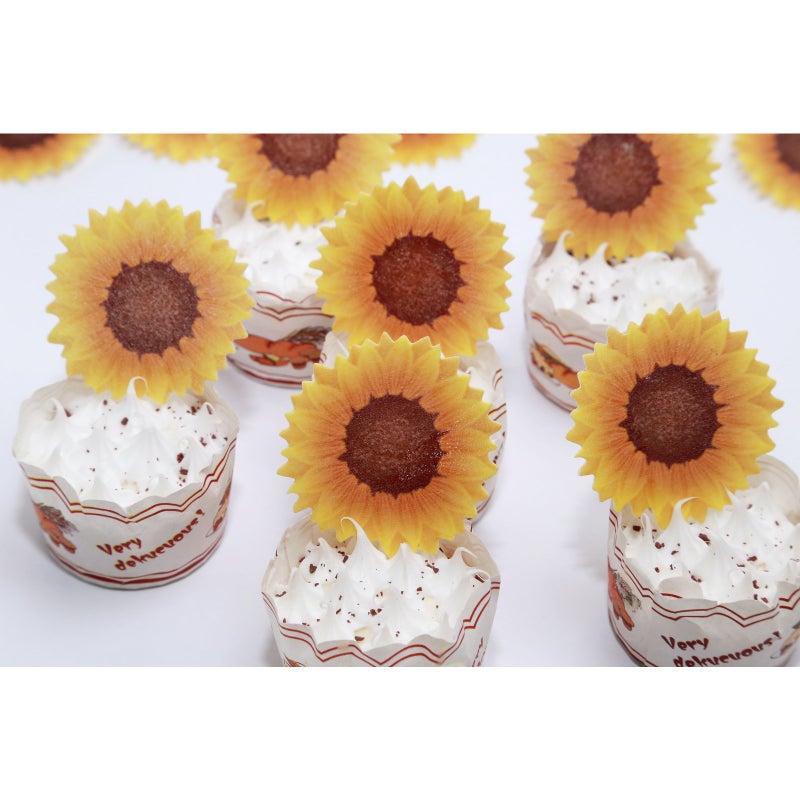 GEORLD Edible Cake Topper Wafer Sunflower Cupcake Decoration by Wafer Paper,36 Counts,Flat not 3D - Image 1